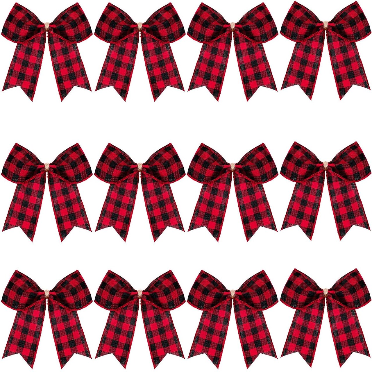 12 Pieces Buffalo Plaid Bows Burlap Decorative Bow Velvet Bows for Wreaths for Halloween Christmas Tree Party Decoration(Red and Black,4 x 4 Inch)